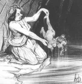Thetis dipping Achilles into the River Styx to render his body impervious to harm.